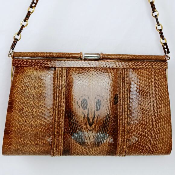 Vintage Genuine Snakeskin Clutch Purse With Chain Brown Cobra Head Markings - Picture 3 of 10